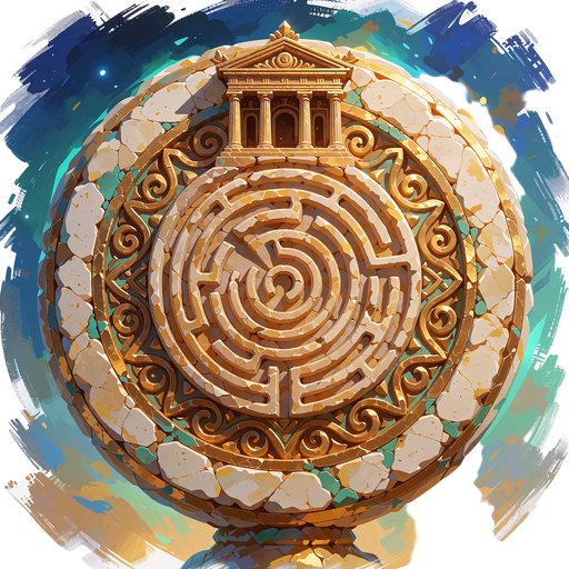 Marmormedaljon med guldkant og labyrintspiral under et lille tempelgavl som emblem for rangen Ancient