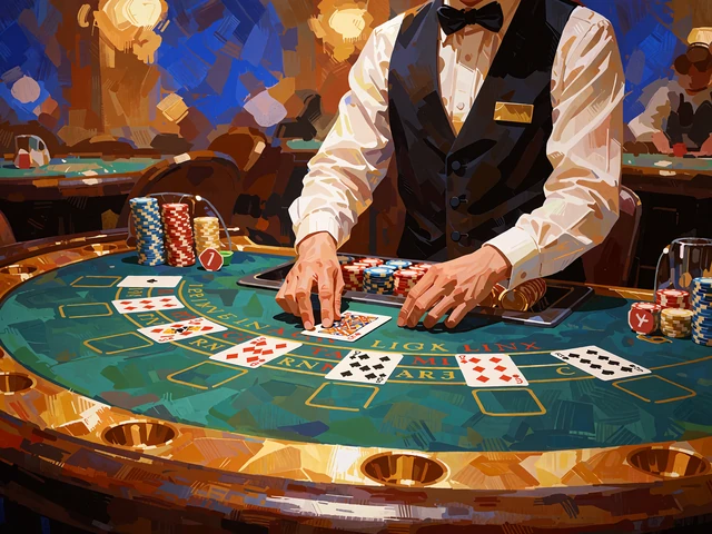 Live dealer i vest deler kort ud ved et gr&oslash;nt blackjackbord i Playtech-stil