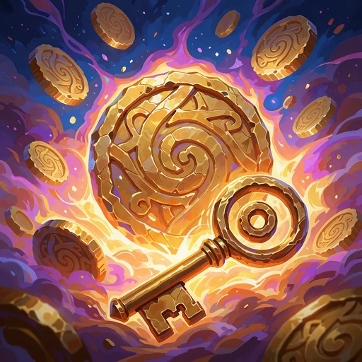 Illustration af en gylden spiralm&oslash;nt i violette skyer som miniature til Coin Win: Hold The Spin