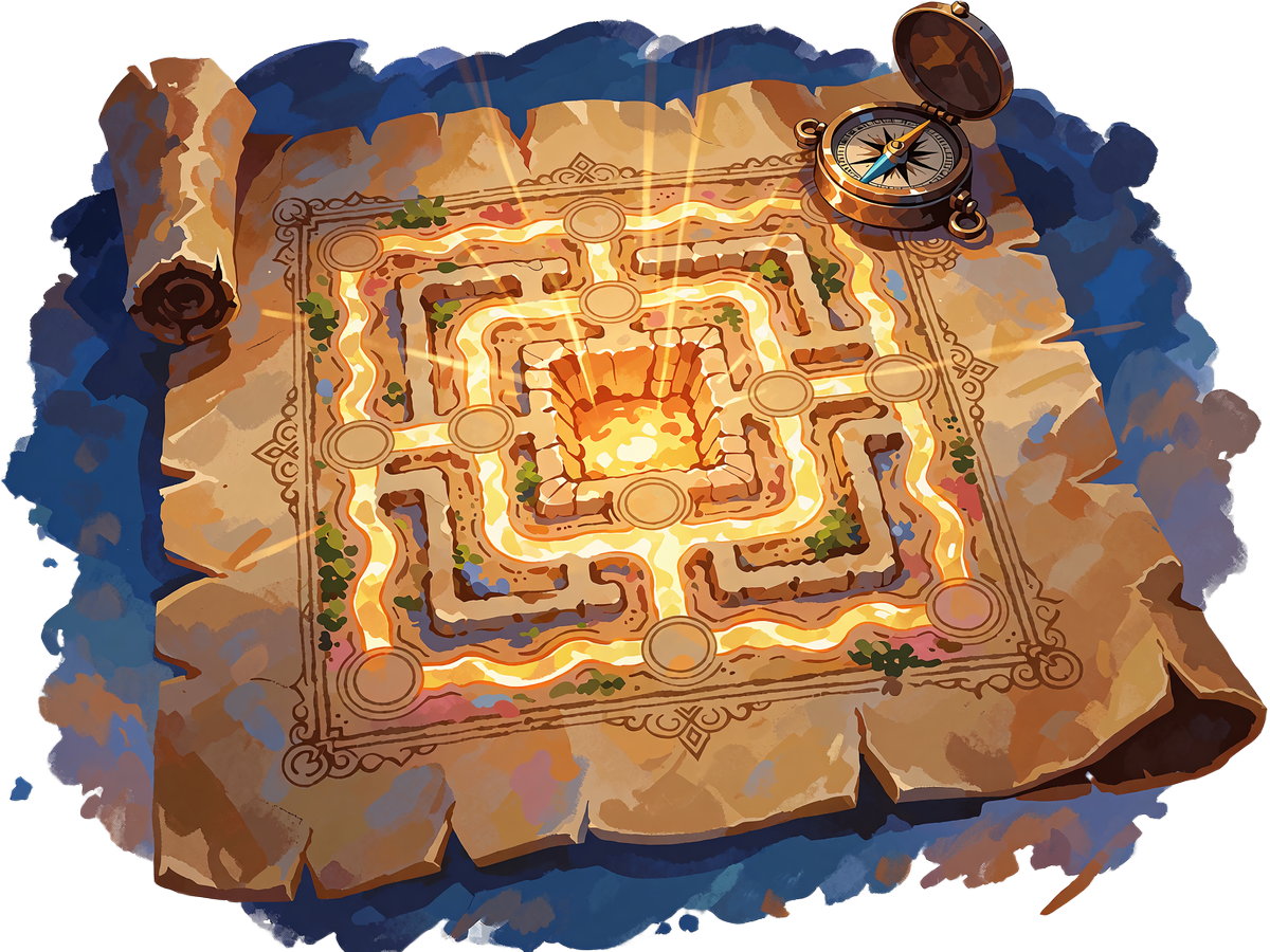 Gammelt pergamentkort over en labyrint med gylden sti fra indgangen til midten - Labyrinth Map hos Mino Casino
