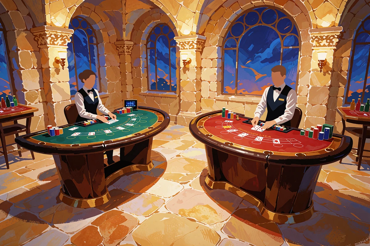 Illustration af en stenhal med to live dealer-borde: gr&oslash;nt blackjackbord til venstre og r&oslash;dt baccaratbord til h&oslash;jre