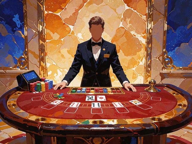 Dealer i m&oslash;rkt jakkes&aelig;t vender kort ved et r&oslash;dt baccaratbord i live casinoet